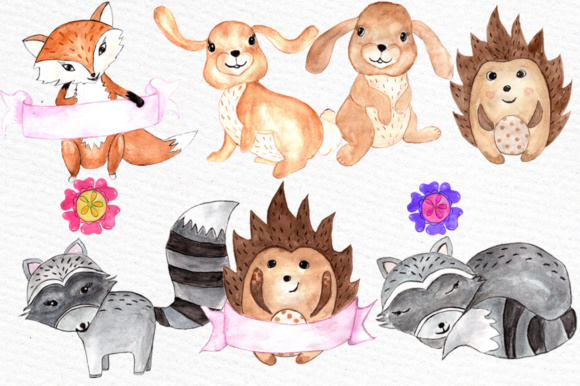 Watercolor woodland animals clipart.