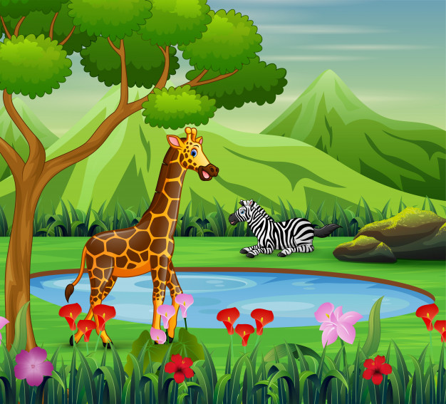 Cartoon zebra and giraffe living near watering hole Vector.