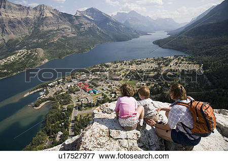 Picture of Mother and children enjoy view at Waterton Lakes.