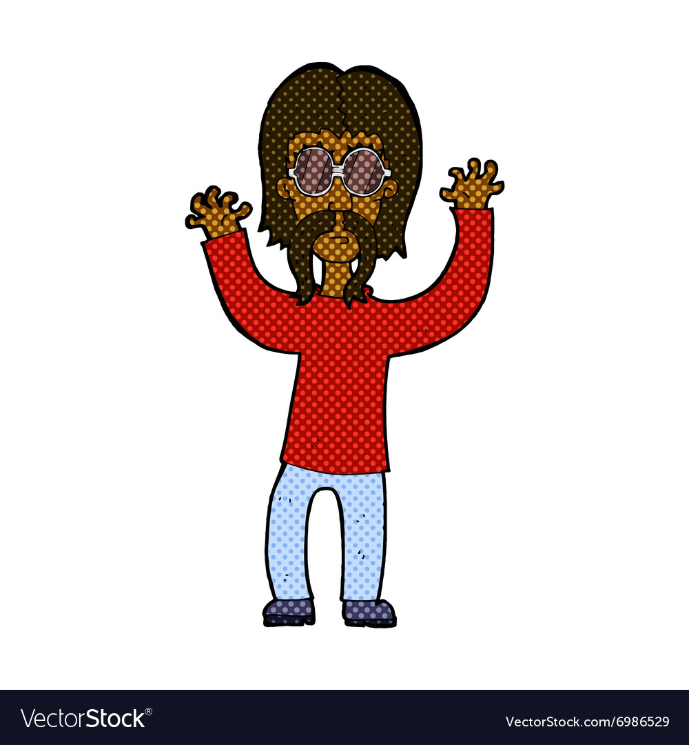 Comic cartoon hippie man waving arms.