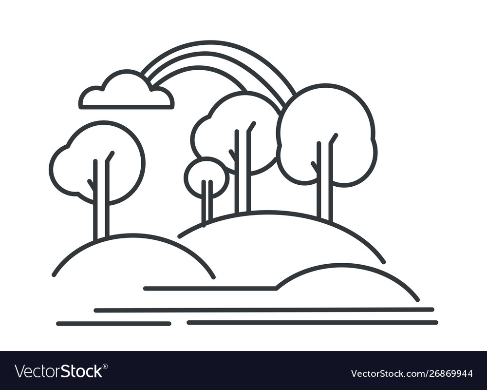 Landscape with rainbow outline sketch hills and.