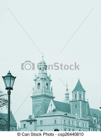Clipart of The Wawel castle with street lamp and sky in Krakow.