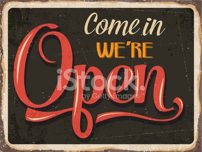 Retro metal sign \' Come in we\'re open\' Clipart Image.