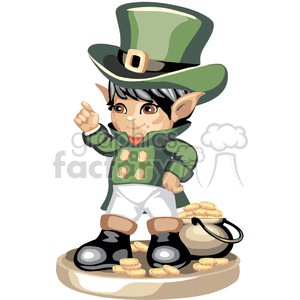 Small child wearing a green hat and green coat standing next to a pot of  gold clipart. Royalty.