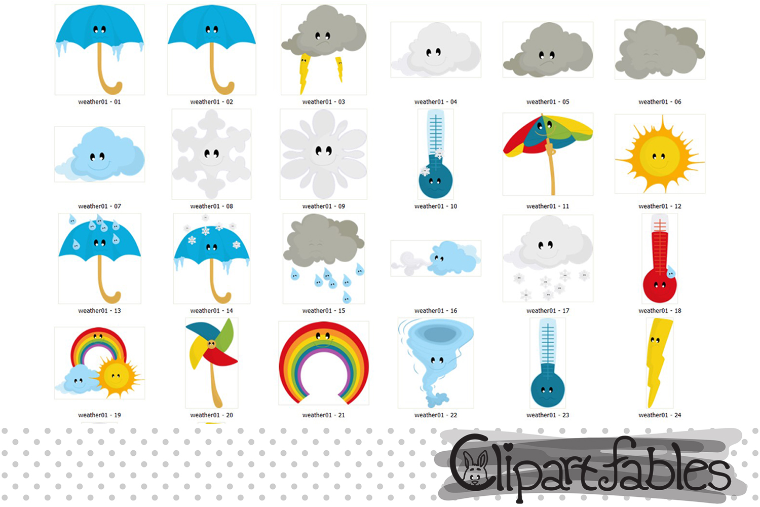 Weather Clipart, cute cloud clip art, Kawaii Clipart Set.