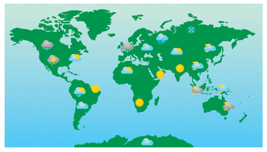 World Weather Forecast Map and Icons.