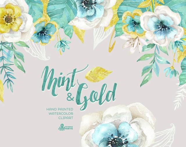 Mint & Gold. Watercolor Floral Bouquets And Arrangement.