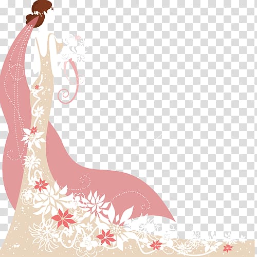 Woman in beige and white floral dress illustration, Wedding.