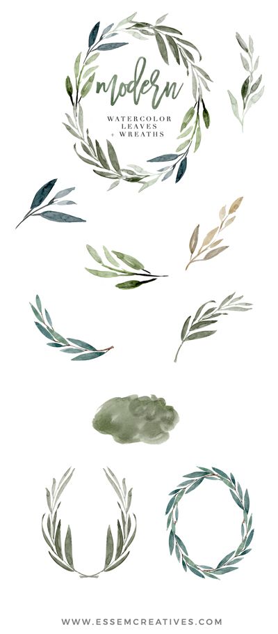 Modern Watercolor Leaves Clipart, Eucalyptus Wreath.