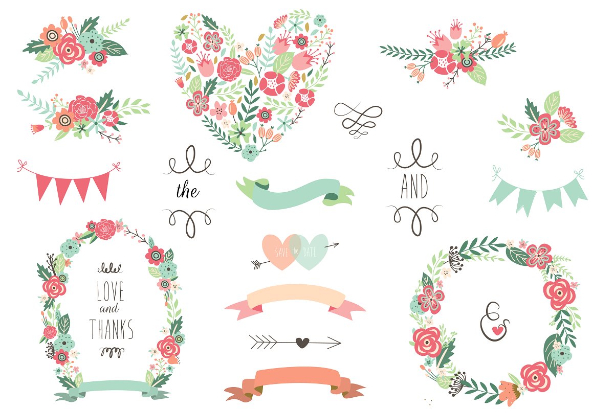 Save The Date Floral Wedding Clipart.