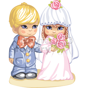 Little Boy in a Blue Suit and a Girl in a Pink Wedding Dress and Veil Ready  for the Wedding clipart. Royalty.