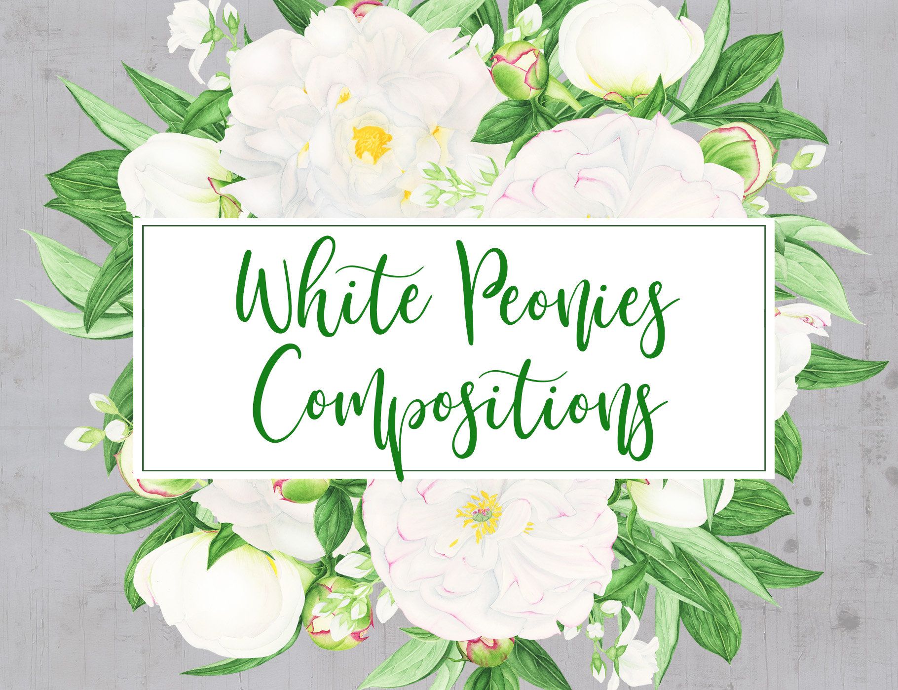 Watercolor White Peony Clipart, White Wedding Composition.
