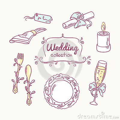 Wedding Table Decoration In Doodle Style. Hand Drawn Celebration.