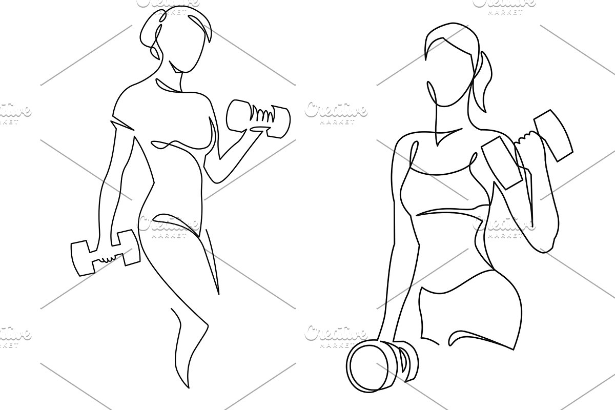 Woman lifting weights one line art.