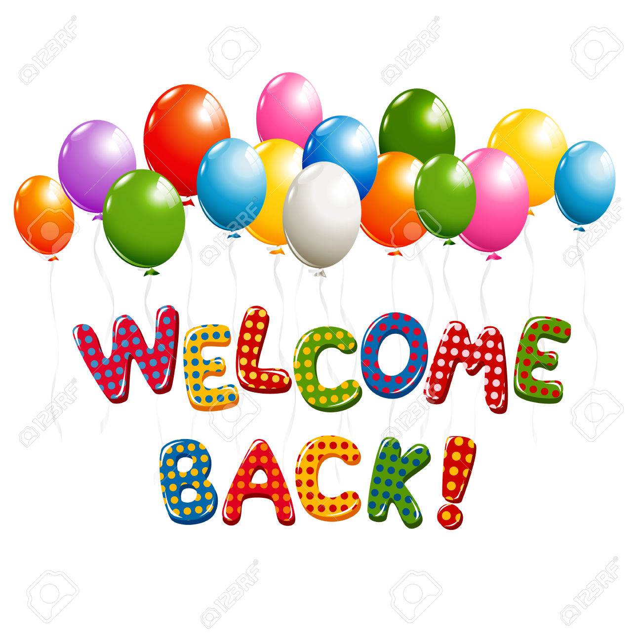 Welcome Back text in colorful polka dot design with balloons.