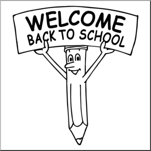 Clip Art: Cartoon Pencil w/ Welcome Back To School Sign B&W.