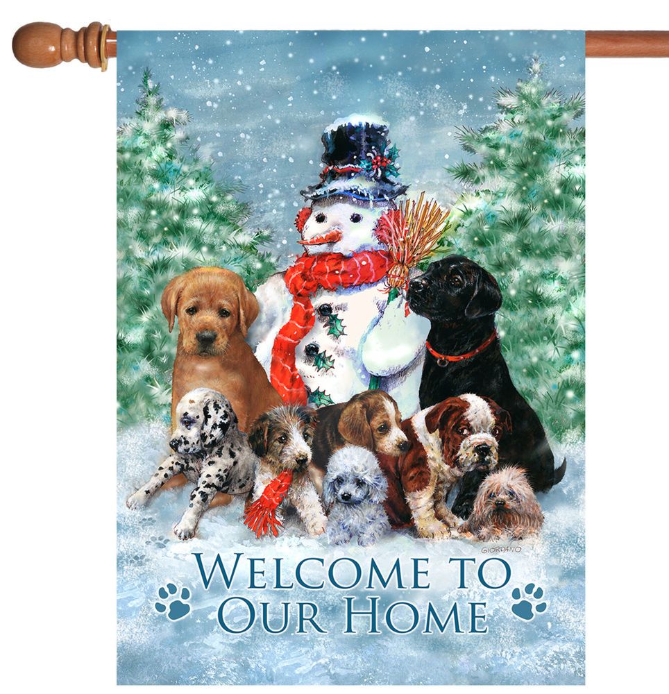 Toland Snowman with Pups 28 x 40 Winter Welcome Home Puppy.