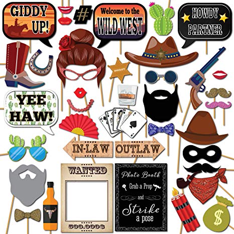 Wild West Cowboy Western Photo Booth Props Party Kit, 41 Pieces with Wooden  Sticks and Strike a Pose Sign by Outside the Booth.