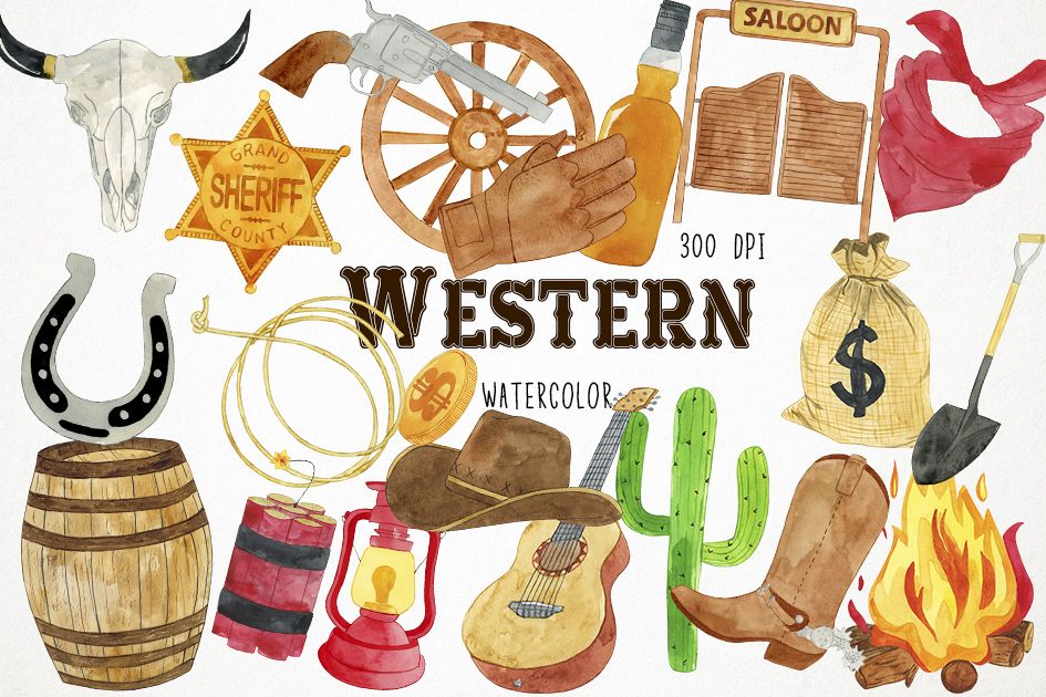 Watercolor Western Clipart, Western Clip Art, Cowboy Clipart.