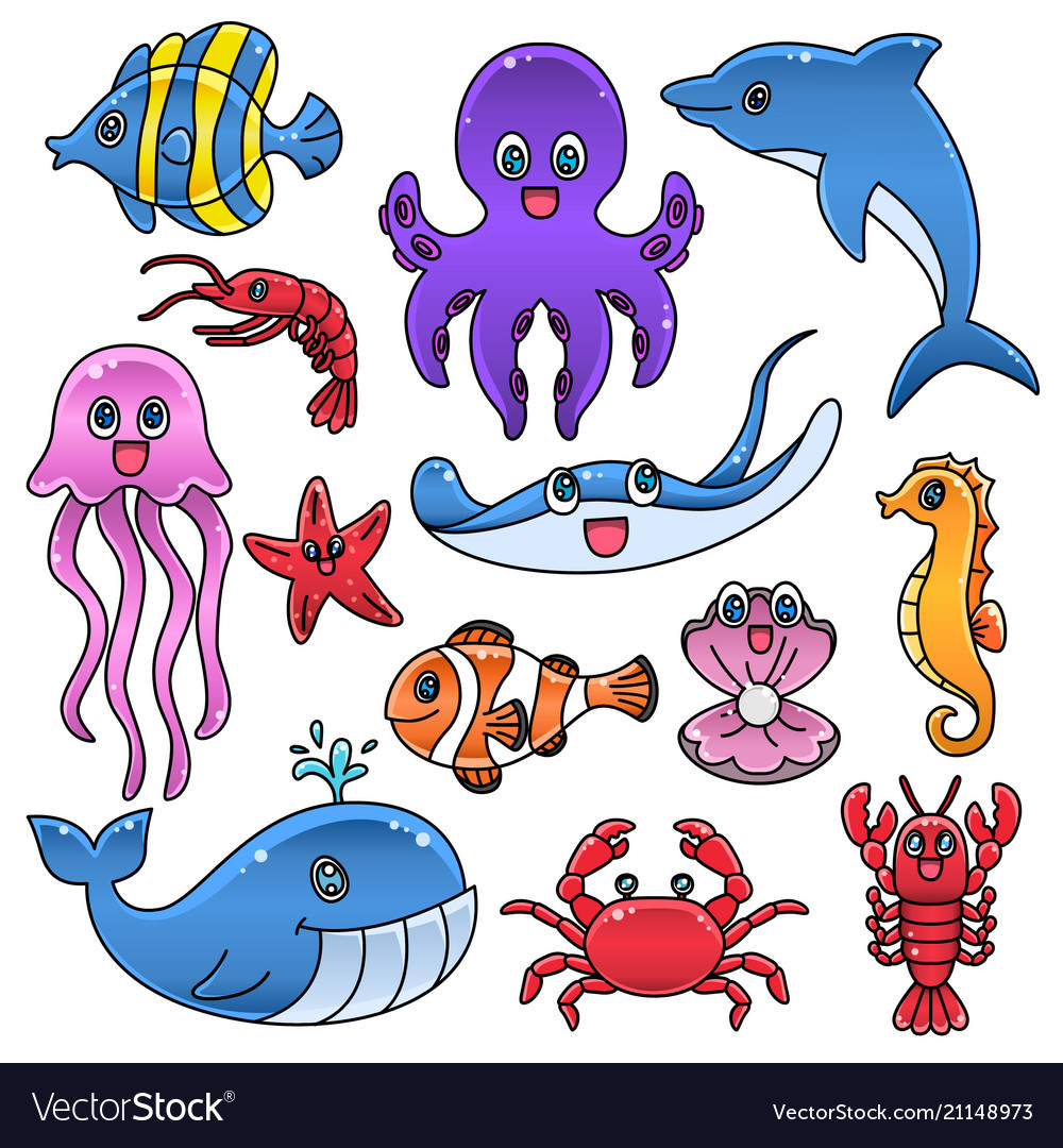 Sea creature fish dolphin whale crab clip art.