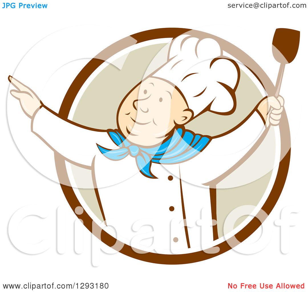 Clipart of a Retro Cartoon Happy White Male Chef Dancing with a.