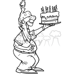 Black and white guy holding a birthday cake clipart. Royalty.