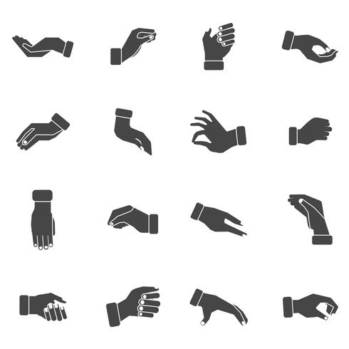 Hand palms grabbing black icons set.