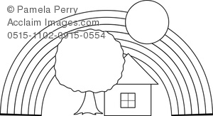 Clip Art Illustration of a House Under a Rainbow Coloring Page.