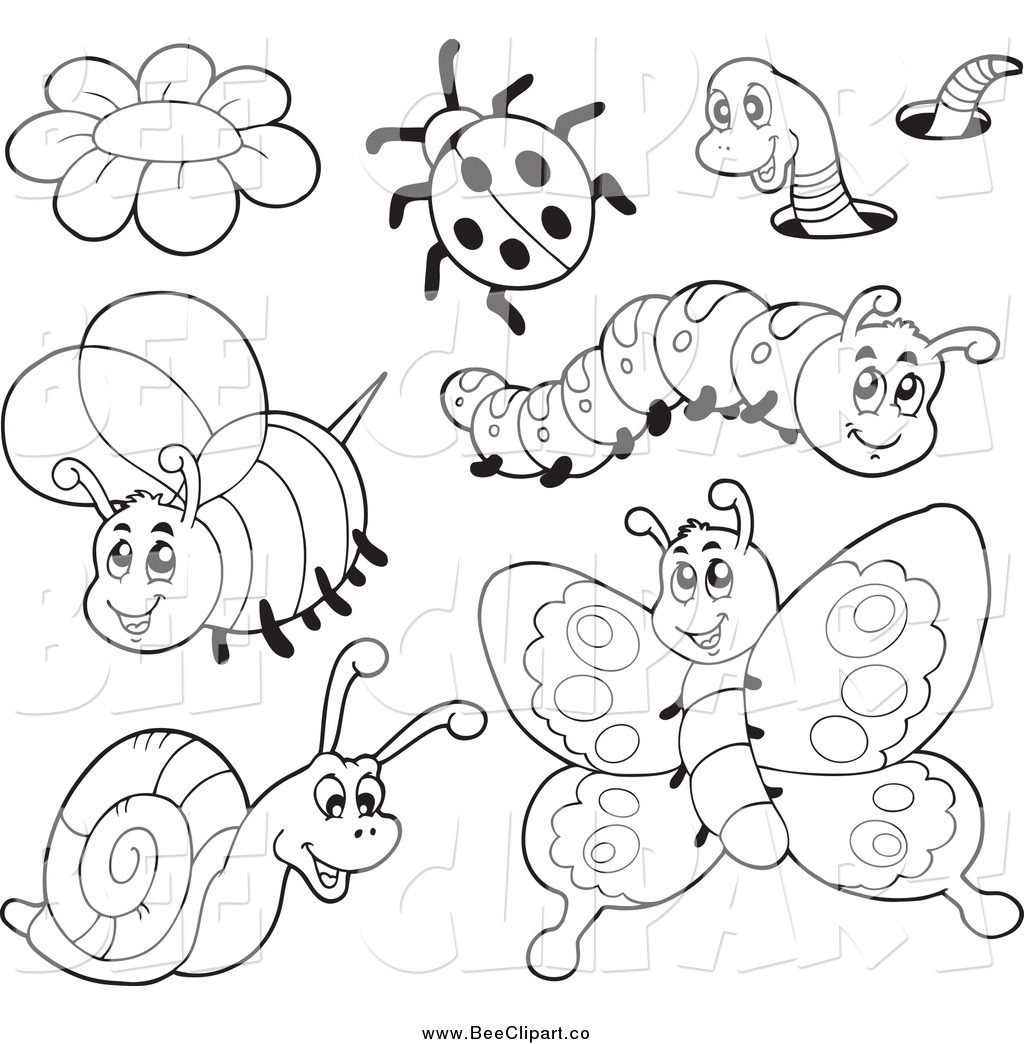 Cute insects clipart black and white.