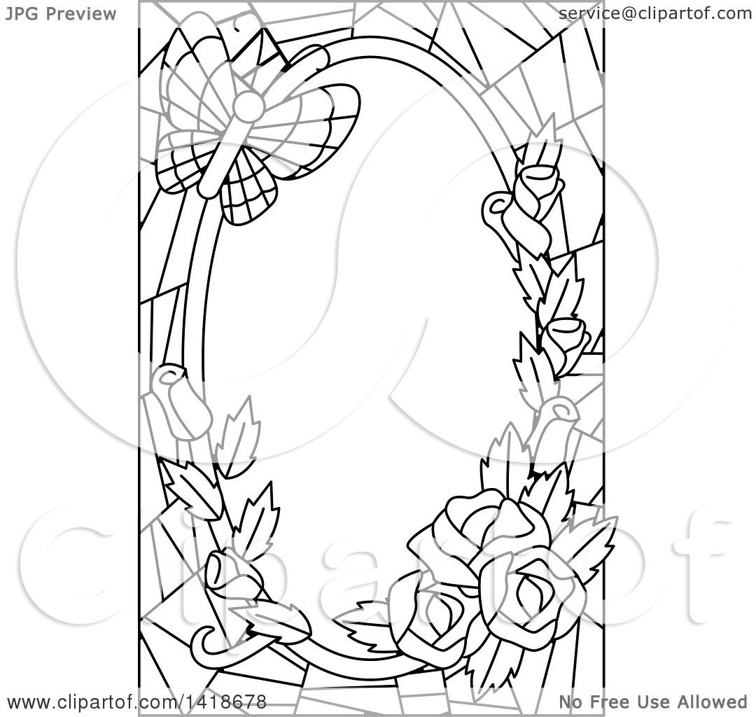 Clipart of a Black and White Lineart Stained Glass Border of Roses.