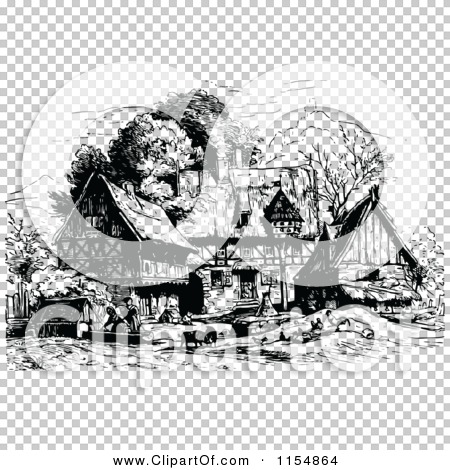 Clipart of a Retro Vintage Black and White Village.
