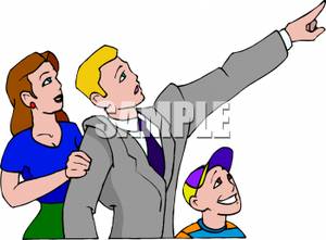 A Colorful Cartoon of a Father Pointing To Something In the.