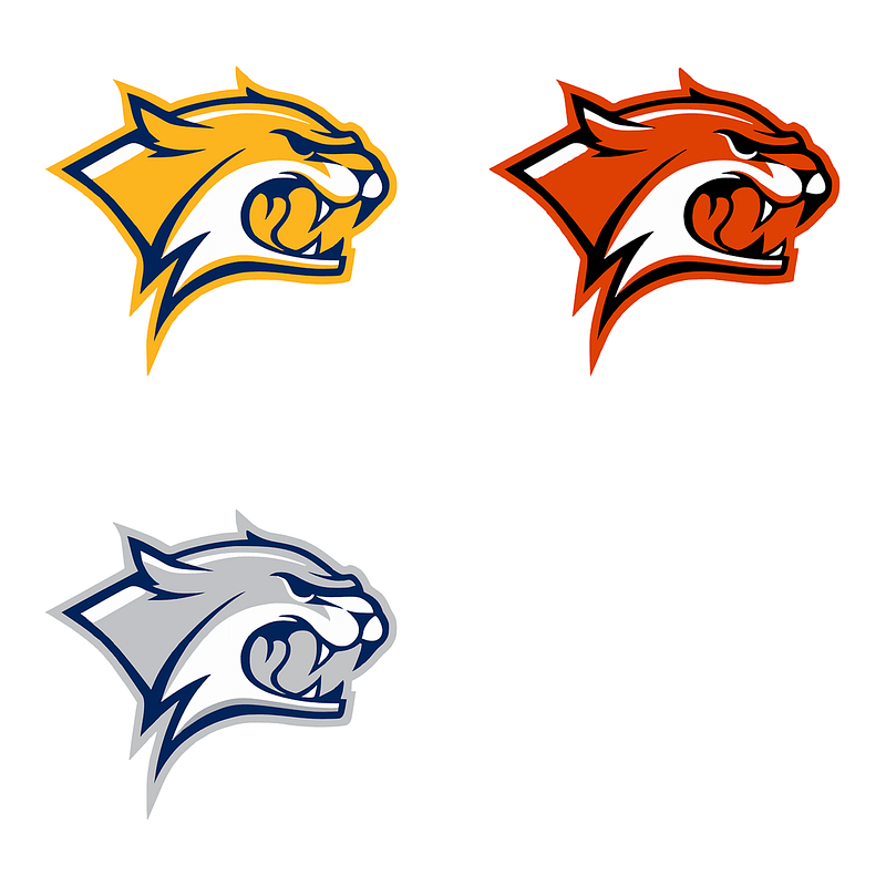 Set of logo mascots with wild cat in yellow, orange and grey.