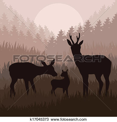 Clipart of Animated rain deer in wild nature landscape.