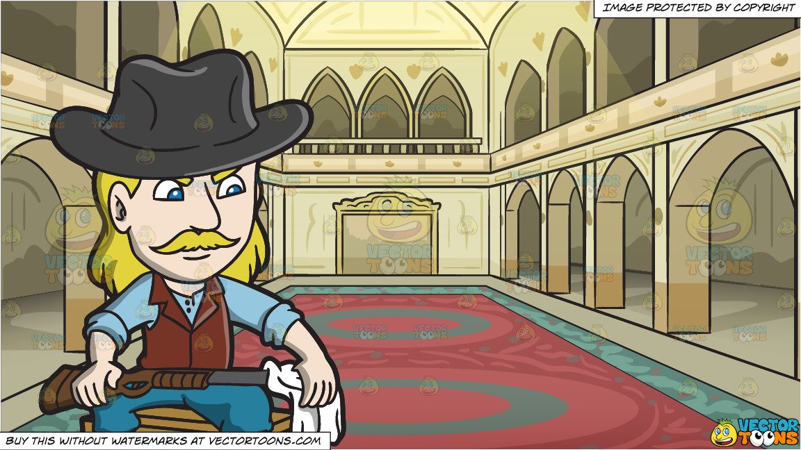An American Old West Man Cleaning His Shotgun and A Grand Hallway In A  Castle Background.