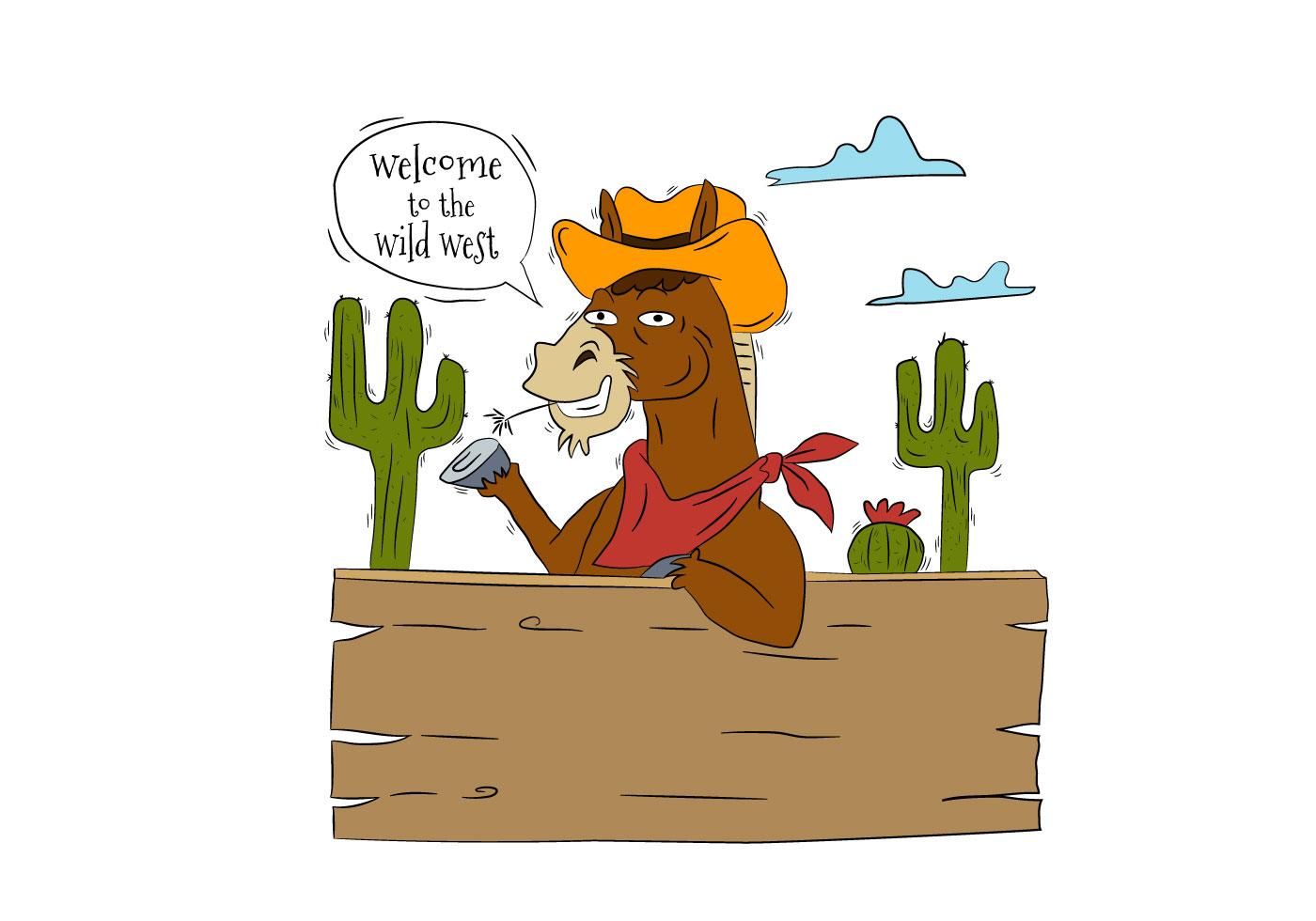 Funny Horse Cowboy Character With Cactus And Wood With.