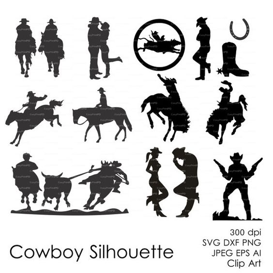 Cowboy Western Silhouettes Clipart (eps, svg, dxf, ai, jpg, png.