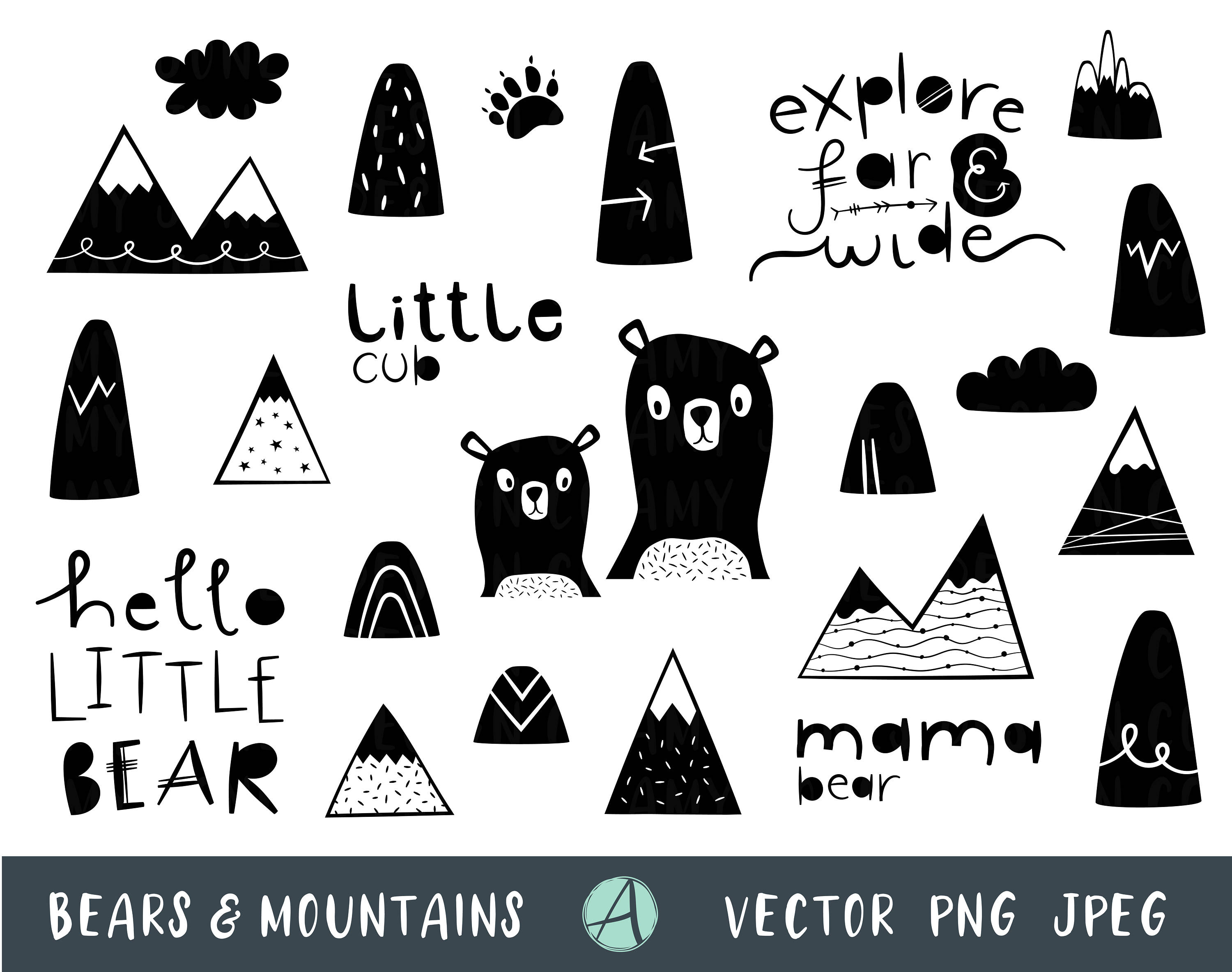 Monochrome Wilderness Clip Art, Black and White, Mama Bear, Scandi Nursery,  Woodland Creatures, Mountains Clip Art, Explorer Clipart.
