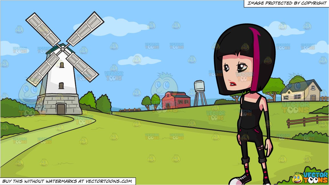 An Emo Punk Female Teen With A Bob Cut Hair And Colored Streaks and A Dutch  Countryside Background.