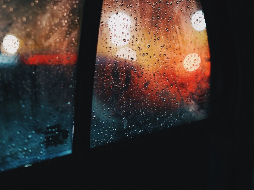 window, rain, drops, car, glass, glare background.