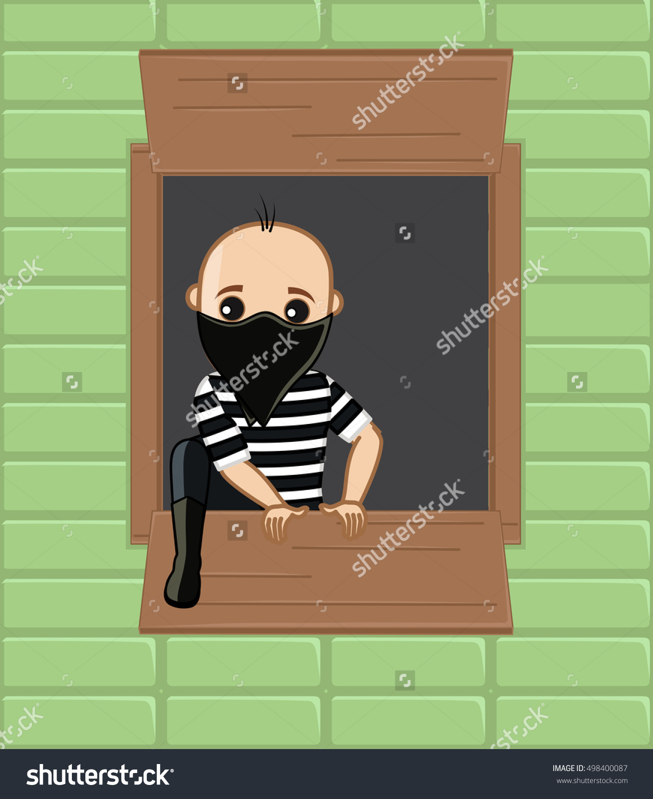 Thief Trying To Step Out From House Window Stock Vector.