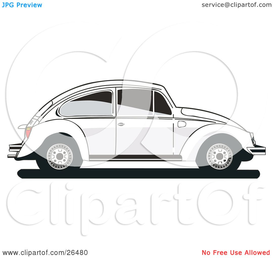 Clipart Illustration of a White Volkswagen Bug Car In Profile.