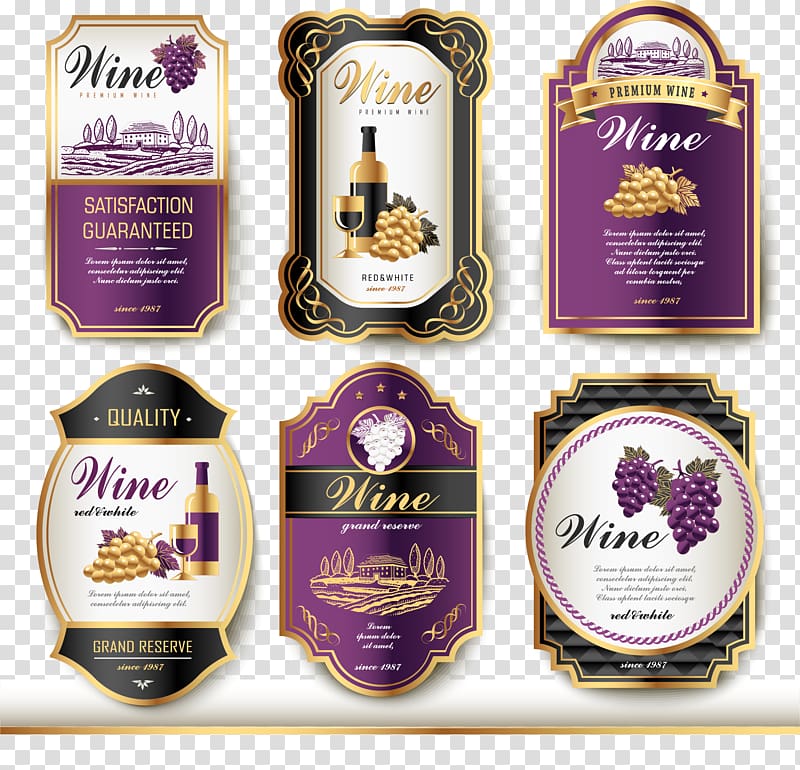 Six wine bottle labels, Wine label Vintage, Wine logo.