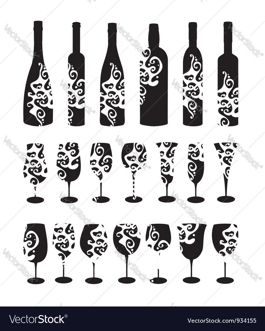 Wine bottle and glasses silhouettes.