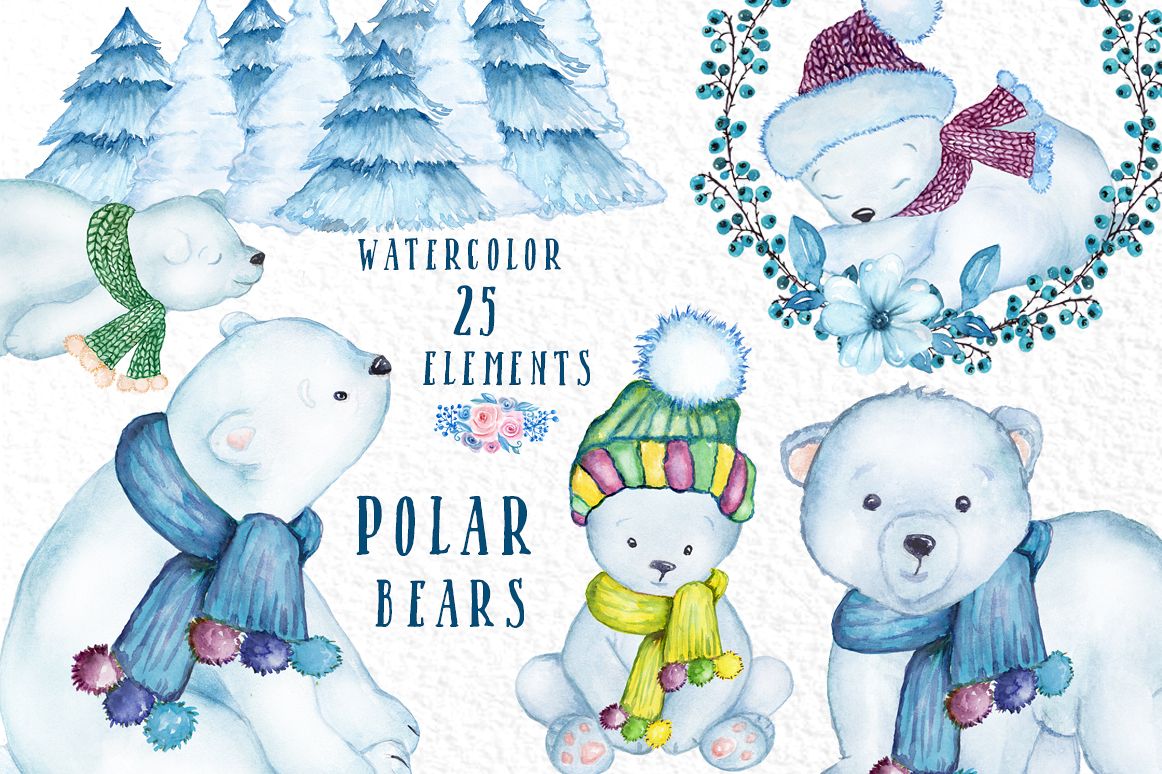 Watercolor Winter Animals, POLAR BEARS CLIPART, Baby Bears.