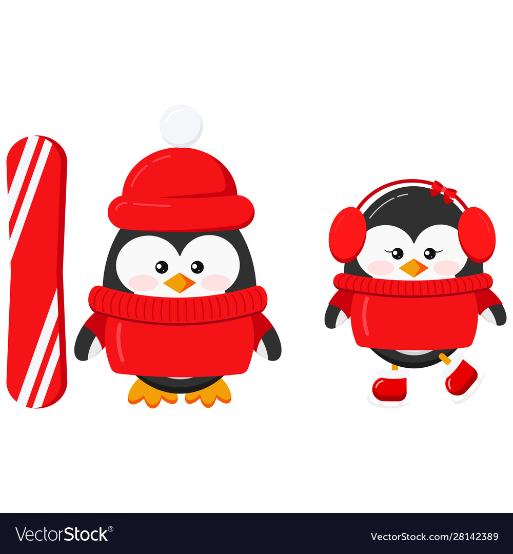 Cute winter sport penguin boy and girl couple set.