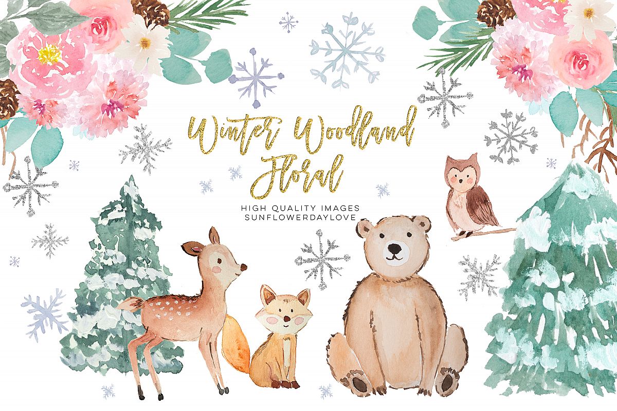 Winter Woodland Animals Clipart, Watercolor Forest Animals.