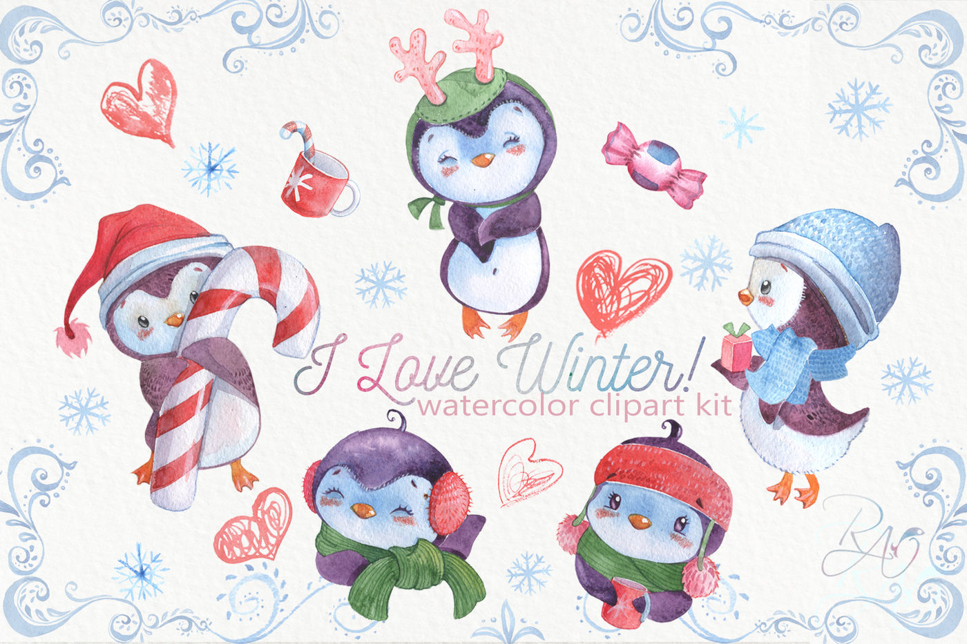 Cute watercolor Christmas penguins clipart Winter baby.