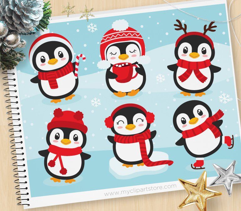 Christmas Penguins Clipart, Winter Animals, reindeer, Santa.