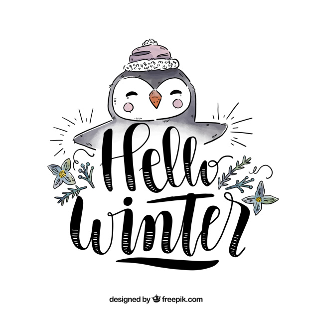 Hello winter background with a cute penguin Vector.